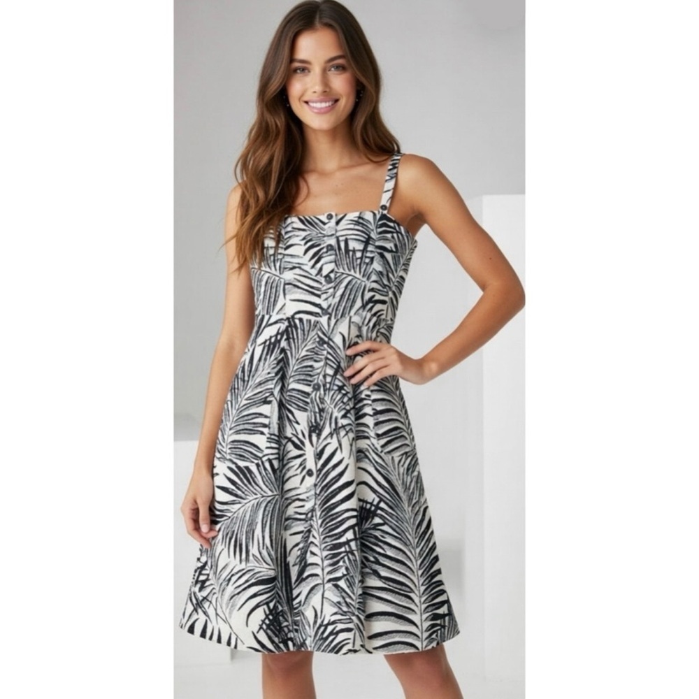Hutch Aidy Black Ivory Palm Print Midi Dress Button Front Womens size 8 Thick
